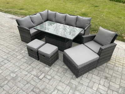 Fimous Outdoor Garden Furniture Set Wicker Pe Rattan Height Adjustable Rising Lifting Table Sofa Dining Set With 3 Footstools - image 1