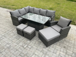 Fimous Outdoor Garden Furniture Set Wicker Pe Rattan Height Adjustable Rising Lifting Table Sofa Dining Set With 3 Footstools - thumbnail 1