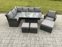 Fimous Outdoor Garden Furniture Set Wicker Pe Rattan Height Adjustable Rising Lifting Table Sofa Dining Set With 3 Footstools - thumbnail 2