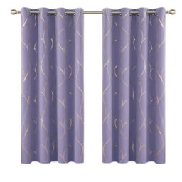 Deconovo Blackout Eyelet Curtains, Gold Wave Foil Printed Thermal Insulated Curtains , W46 X L72 Inch, Light Purple, One Pair - thumbnail 1