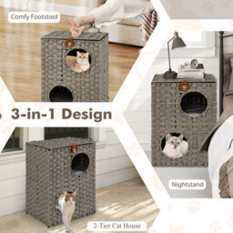 Costway Rattan Cat House For Indoor 2-Tier Cat Condo W/ Cushions-Grey - thumbnail 8
