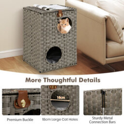 Costway Rattan Cat House For Indoor 2-Tier Cat Condo W/ Cushions-Grey - thumbnail 9