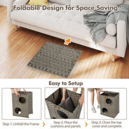 Costway Rattan Cat House For Indoor 2-Tier Cat Condo W/ Cushions-Grey - thumbnail 4