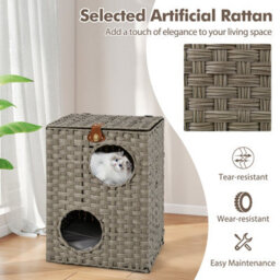 Costway Rattan Cat House For Indoor 2-Tier Cat Condo W/ Cushions-Grey - thumbnail 7