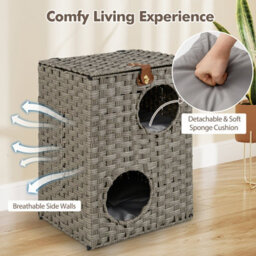 Costway Rattan Cat House For Indoor 2-Tier Cat Condo W/ Cushions-Grey - thumbnail 6