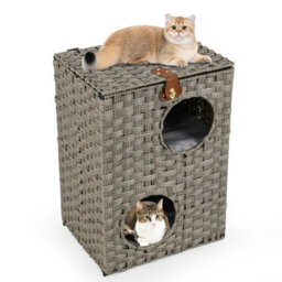 Costway Rattan Cat House For Indoor 2-Tier Cat Condo W/ Cushions-Grey