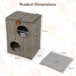 Costway Rattan Cat House For Indoor 2-Tier Cat Condo W/ Cushions-Grey - thumbnail 2