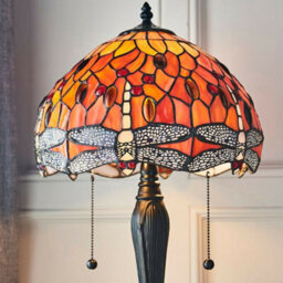 Tiffany Glass Table Lamp Light Dark Bronze Base & Orange Dragonfly Shade I00196 - thumbnail 4