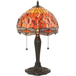 Tiffany Glass Table Lamp Light Dark Bronze Base & Orange Dragonfly Shade I00196