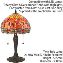 Tiffany Glass Table Lamp Light Dark Bronze Base & Orange Dragonfly Shade I00196 - thumbnail 2