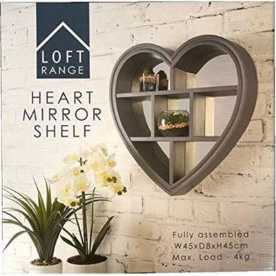 Biznest Heart Shaped Mirror Shelf Wall Mounted Flosting Shelves Home Decor Grey 45X45Cm