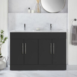 Homestylestore 1210mm Black Grey Floorstanding Bathroom Vanity Unit Double Basin And Chrome T Bar Handle - thumbnail 2