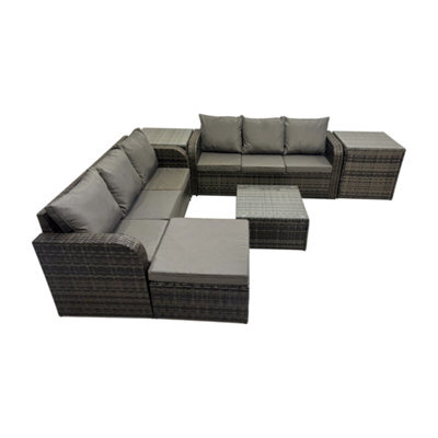 Fimous Rattan Garden Outdoor Furniture Set 3 Seater Sofa Square Coffee Table Set With Big Stool 2 Side Table Dark Grey Mixed - image 1