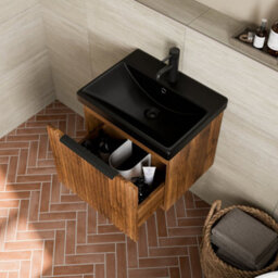 Aveli Fluted 500mm Bathroom Vanity Unit Basin Wall Hung Cupboard Soft Close Walnut - thumbnail 4