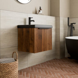 Aveli Fluted 500mm Bathroom Vanity Unit Basin Wall Hung Cupboard Soft Close Walnut - thumbnail 3