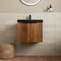 Aveli Fluted 500mm Bathroom Vanity Unit Basin Wall Hung Cupboard Soft Close Walnut - thumbnail 2