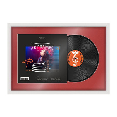 "AK Frames 25X17"" White Modern Vinyl Record Frame With Crimson Mount For 12 Inch Lp Cover & Disc - Overlapped Design" - image 1
