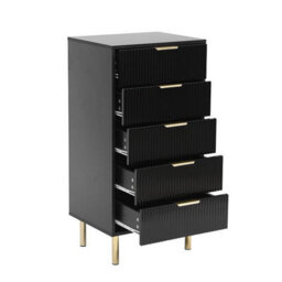 MMT Funiture Designs Black Gloss Chest Of Drawers, Gold Handles & Legs, 5 Drawer