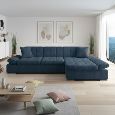 Malwi Right Hand Corner Sofa Bed With Storage Modern Blue Corduroy Design With Pullout  Guest Bed - image 1