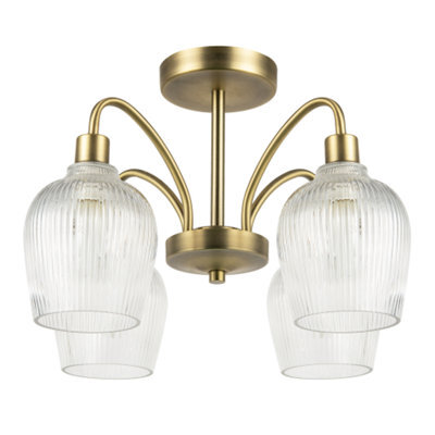 Happy Homewares Classy Antique Brass Ceiling Light With Clear Ribbed Glass Shades - image 1