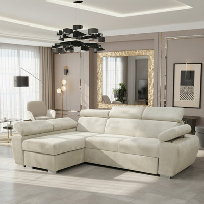 Boston Mini Premium Left Hand Corner Sofa Bed Beige Corduroy Upholstery With Storage And Bonell Spring Support - image 1