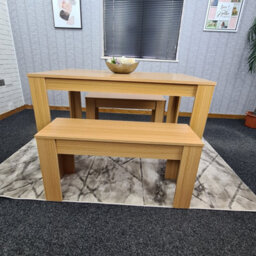 Kosy Koala Dining Table With 2 Bench, Dining Table Room Set, Wooden Oak Effect 140X80X75Cm Table, 2 Oak Benches Furniture