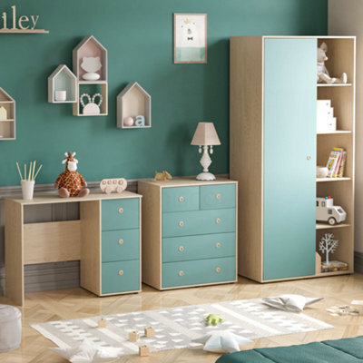 Lassic Junior Vida Neptune Blue & Oak 3 Piece Bedroom Furniture Set - Desk, Drawer Chest, Wardrobe - image 1