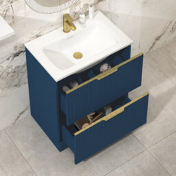 Royal Bathrooms Evora 700mm Midnight Blue Fluted Floor Standing Bathroom Vanity Unit 2 Drawer Cabinet With Stone Basin & Brushed Brass Handles - thumbnail 3