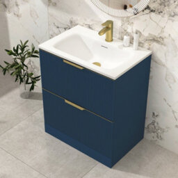 Royal Bathrooms Evora 700mm Midnight Blue Fluted Floor Standing Bathroom Vanity Unit 2 Drawer Cabinet With Stone Basin & Brushed Brass Handles - thumbnail 4