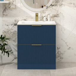 Royal Bathrooms Evora 700mm Midnight Blue Fluted Floor Standing Bathroom Vanity Unit 2 Drawer Cabinet With Stone Basin & Brushed Brass Handles