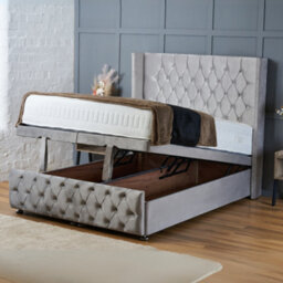 Bsspoke Ottoman Divan End Liftup Storage Bed Mustard Plush With Mattress&138Cm Wingback Headboard& Footboard Double King All Size - thumbnail 3