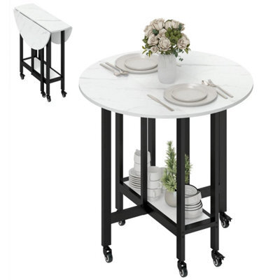 Folding Dining Table, Drop Leaf Table With Open Shelf, White Marble - image 1