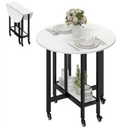 Folding Dining Table, Drop Leaf Table With Open Shelf, White Marble - thumbnail 1