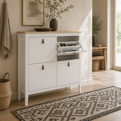 Wyld Haus Milese 4-Drawer Shoe Cabinet White And Oak-Effect With Faux Leather Handles - Slim Wide Design - image 1