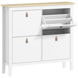 Wyld Haus Milese 4-Drawer Shoe Cabinet White And Oak-Effect With Faux Leather Handles - Slim Wide Design - thumbnail 2