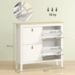 Wyld Haus Milese 4-Drawer Shoe Cabinet White And Oak-Effect With Faux Leather Handles - Slim Wide Design - thumbnail 4
