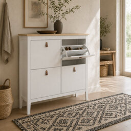 Wyld Haus Milese 4-Drawer Shoe Cabinet White And Oak-Effect With Faux Leather Handles - Slim Wide Design