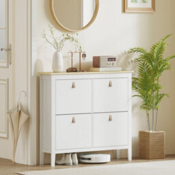 Wyld Haus Milese 4-Drawer Shoe Cabinet White And Oak-Effect With Faux Leather Handles - Slim Wide Design - thumbnail 9