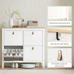 Wyld Haus Milese 4-Drawer Shoe Cabinet White And Oak-Effect With Faux Leather Handles - Slim Wide Design - thumbnail 8
