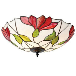 Tiffany Glass Semi Flush Ceiling Light Red Flower Round Inverted Shade I00035