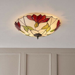 Tiffany Glass Semi Flush Ceiling Light Red Flower Round Inverted Shade I00035 - thumbnail 5