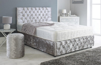 Adore Designs Adore Living Chesterfield Crushed Velvet Divan Bed With Orthopaedic Mattress And Round Stool In Silver