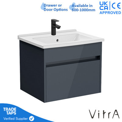 Vitra 600mm Wall Hung Bathroom Vanity Unit With 1 Drawer & Basin - Anthracite Gloss Includes Black Tap