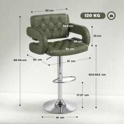 Homcom Adjustable Height Barstool Steel Pole Pu Leather, Green - thumbnail 3