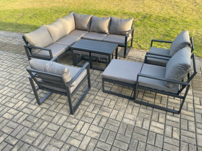 Fimous 11 Seater Aluminium Outdoor Garden Furniture Set Patio Lounge Sofa With Oblong Coffee Table Chair 3 Footstools