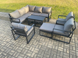 Fimous 11 Seater Aluminium Outdoor Garden Furniture Set Patio Lounge Sofa With Oblong Coffee Table Chair 3 Footstools - thumbnail 1