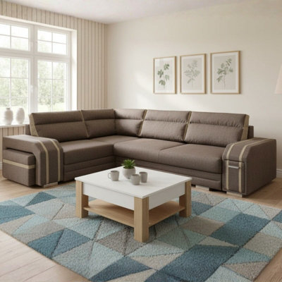 Avatar Corner Sofa Bed With Pouffe Cocktail Cabinet Foam Cushions Sinuous Springs Wood Frame 300X200Cm Brown And Beige Left - image 1
