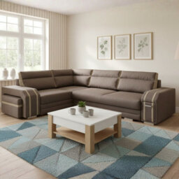 Avatar Corner Sofa Bed With Pouffe Cocktail Cabinet Foam Cushions Sinuous Springs Wood Frame 300X200Cm Brown And Beige Left - thumbnail 1