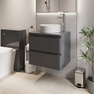 Affine 600mm Bathroom Countertop Vanity Unit Fluted Round Basin Wall Hung Grey Gloss - image 1