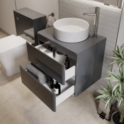 Affine 600mm Bathroom Countertop Vanity Unit Fluted Round Basin Wall Hung Grey Gloss - thumbnail 3